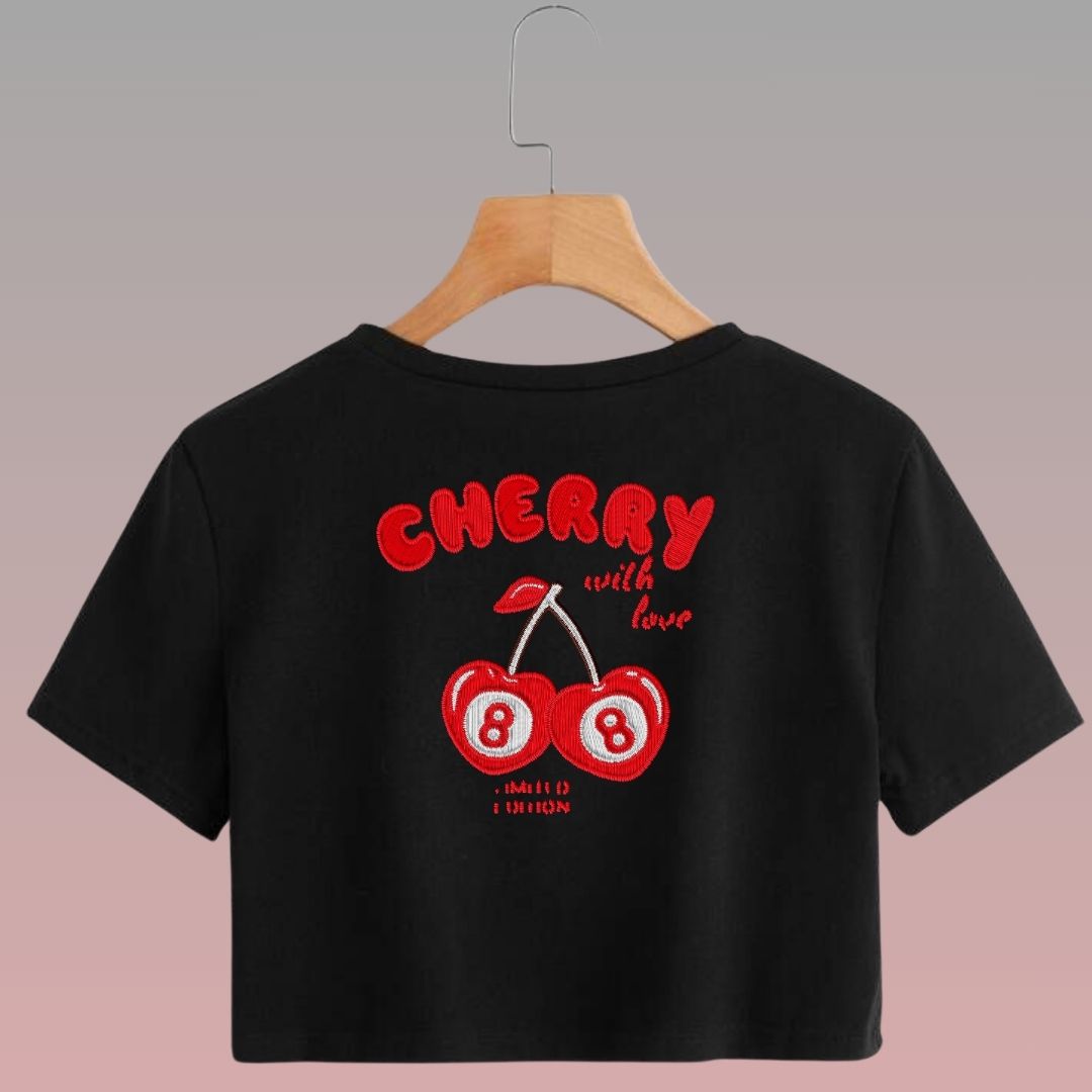 Crop Top Manga Corta Cherry 8 Con Efecto Bordado