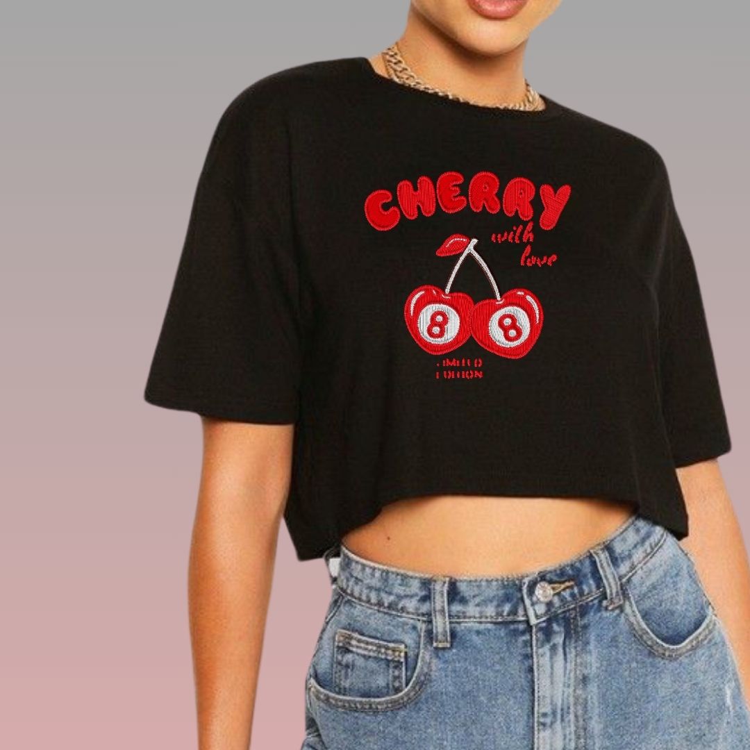 Crop Top Manga Corta Cherry 8 Con Efecto Bordado
