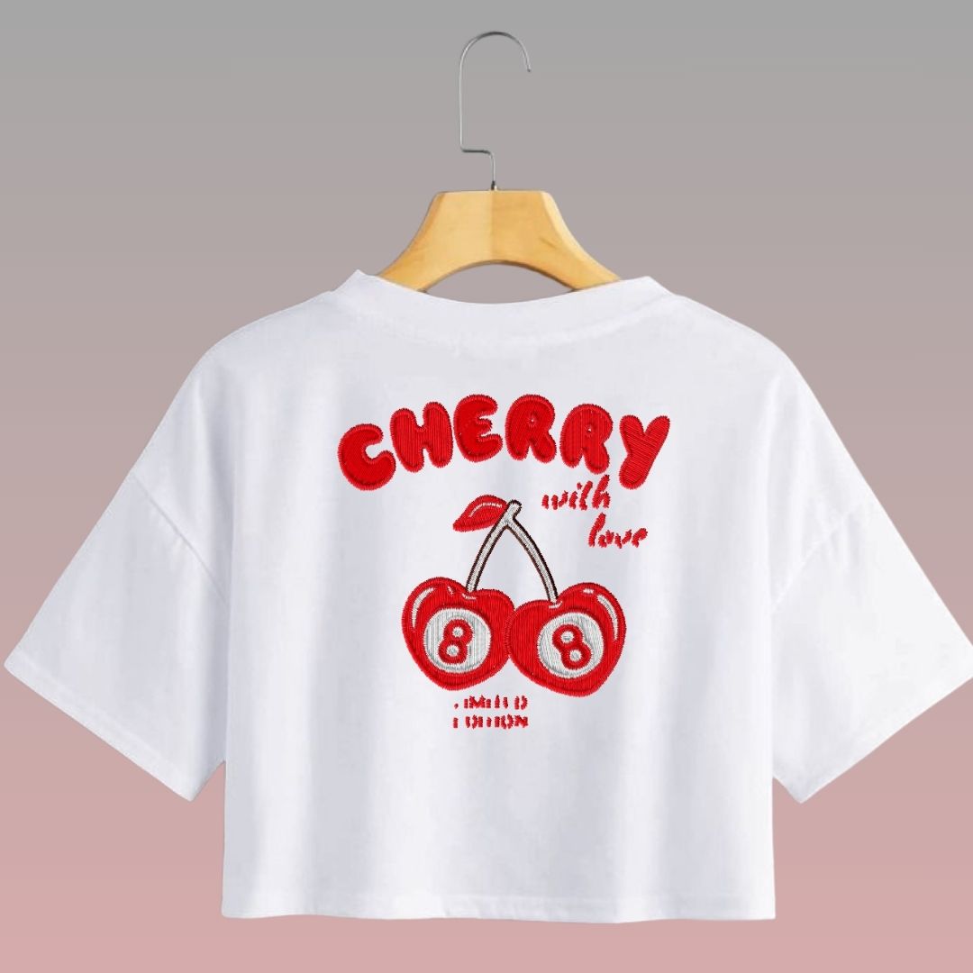 Crop Top Manga Corta Cherry 8 Con Efecto Bordado/ Blanco