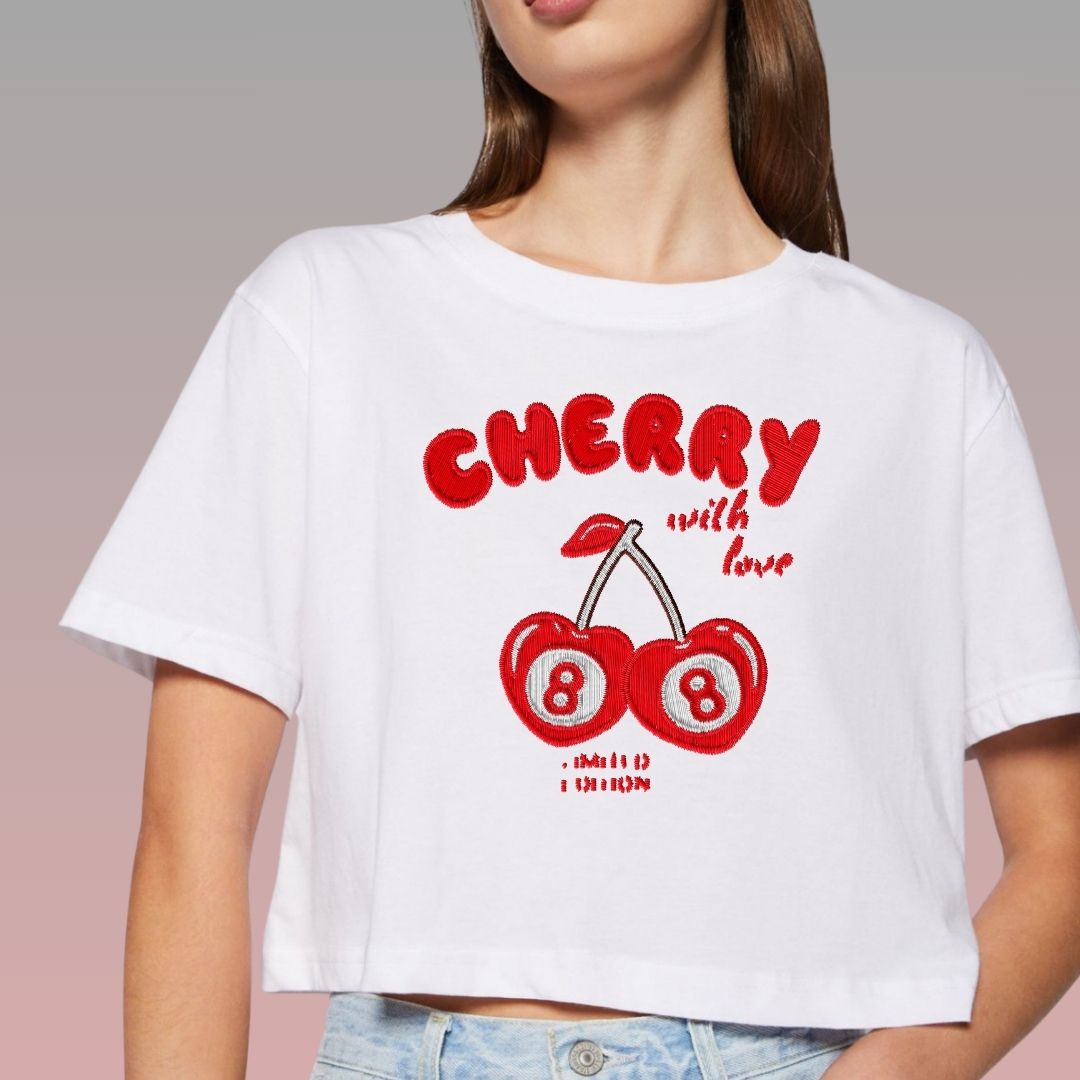 Crop Top Manga Corta Cherry 8 Con Efecto Bordado/ Blanco