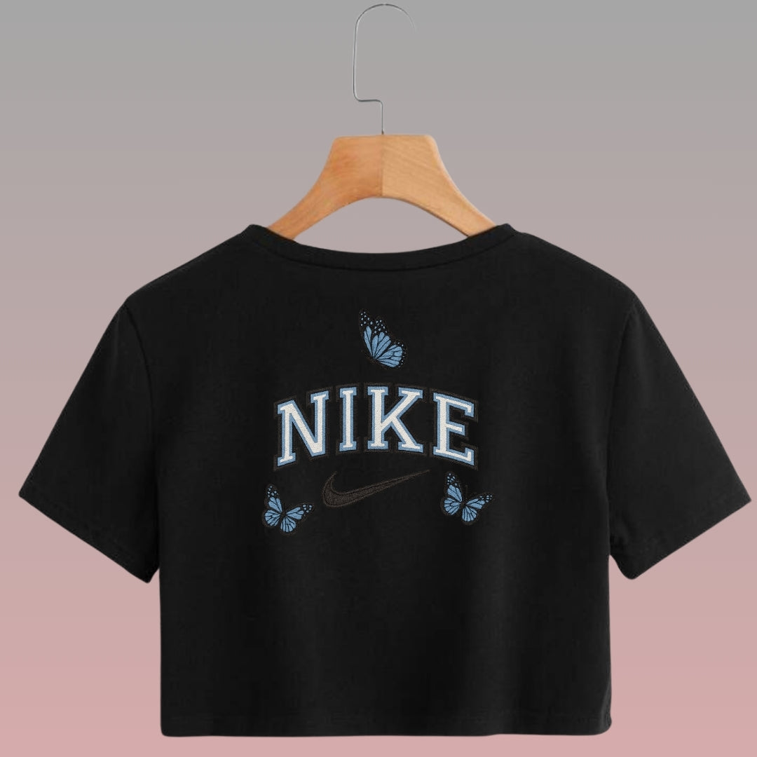 Crop Top Manga Corta Mariposas Azules con Efecto Bordado/ Negro