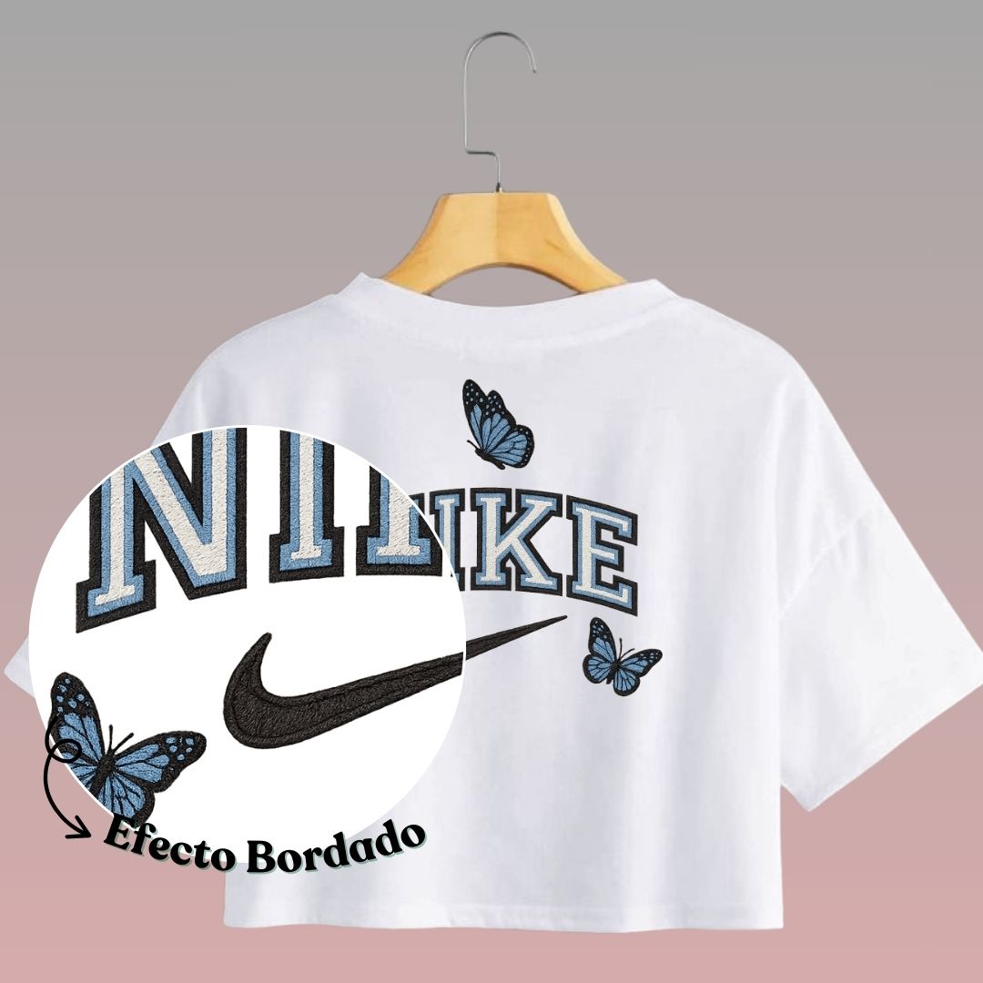 Crop Top Manga Corta Nike Diseño Mariposas Con Efecto Bordado / Blanco