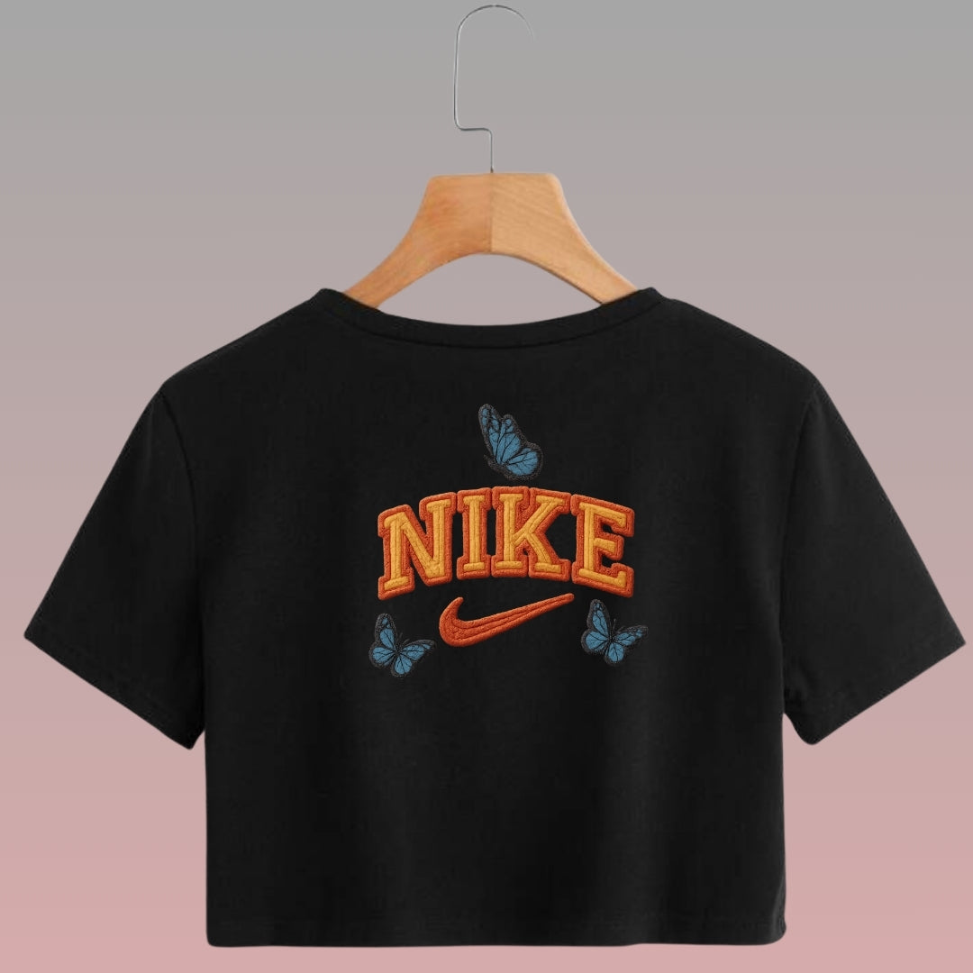 Crop Top Nike Manga Corta de Mariposas Azules Estilo Bordado / Negro