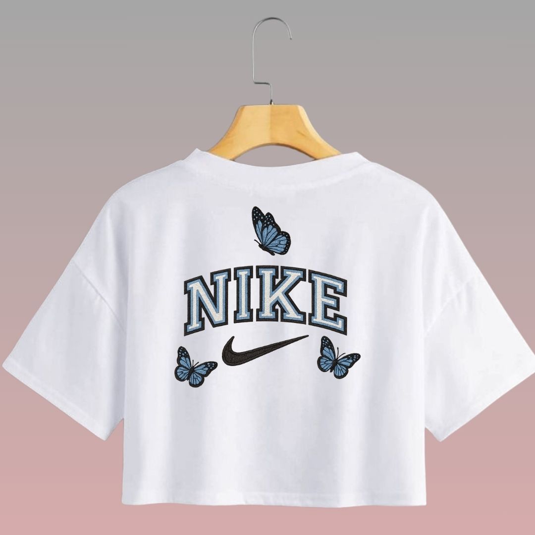 Crop Top Manga Corta Nike Diseño Mariposas Con Efecto Bordado / Blanco