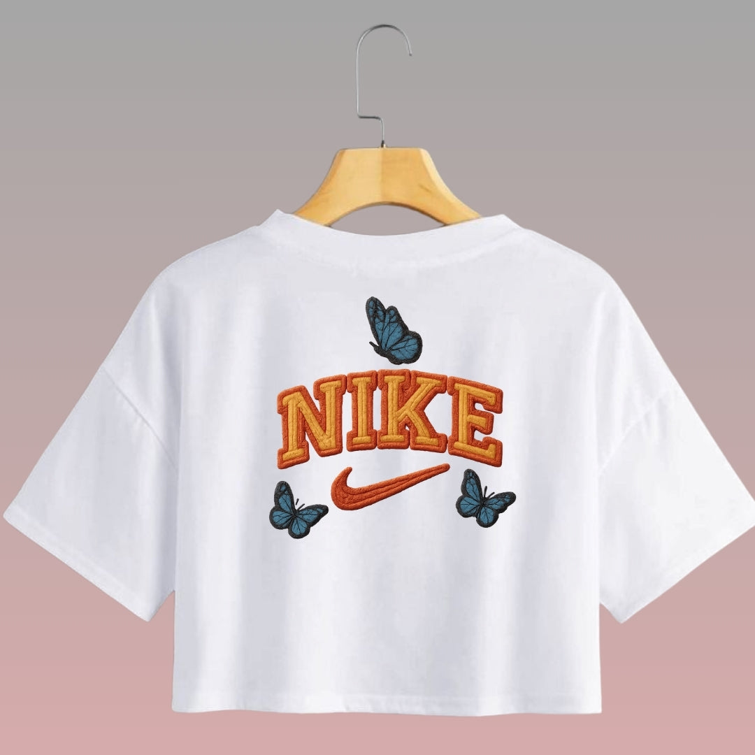 Crop Top Nike Manga Corta de Mariposas Azules Estilo Bordado / Blanco