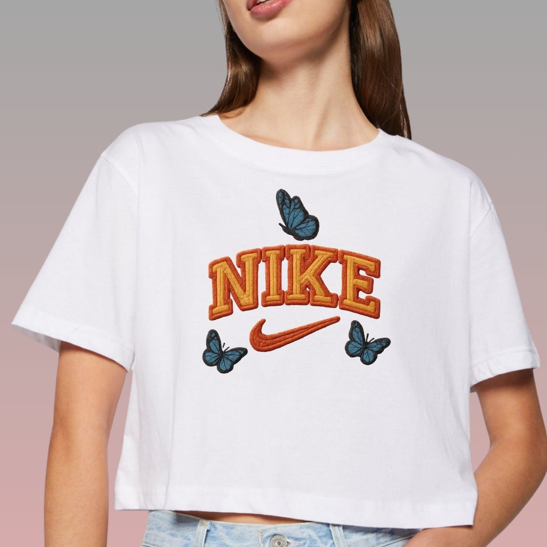 Crop Top Nike Manga Corta de Mariposas Azules Estilo Bordado / Blanco