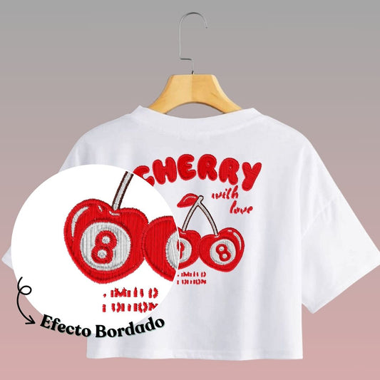 Crop Top Manga Corta Cherry 8 Con Efecto Bordado/ Blanco
