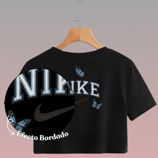Crop Top Manga Corta Mariposas Azules con Efecto Bordado/ Negro