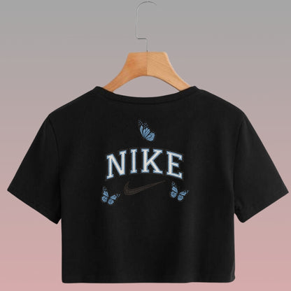 Crop Top Manga Corta Mariposas Azules con Efecto Bordado/ Negro