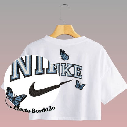 Crop Top Manga Corta Nike Diseño Mariposas Con Efecto Bordado / Blanco