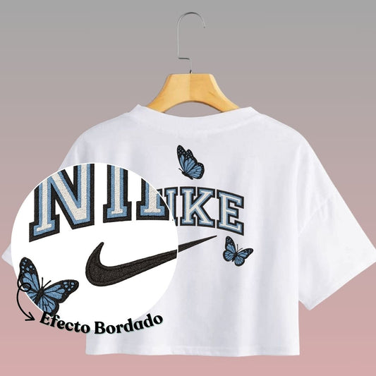 Crop Top Manga Corta Nike Diseño Mariposas Con Efecto Bordado / Blanco