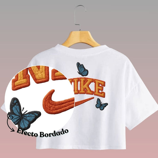 Crop Top Nike Manga Corta de Mariposas Azules Estilo Bordado / Blanco