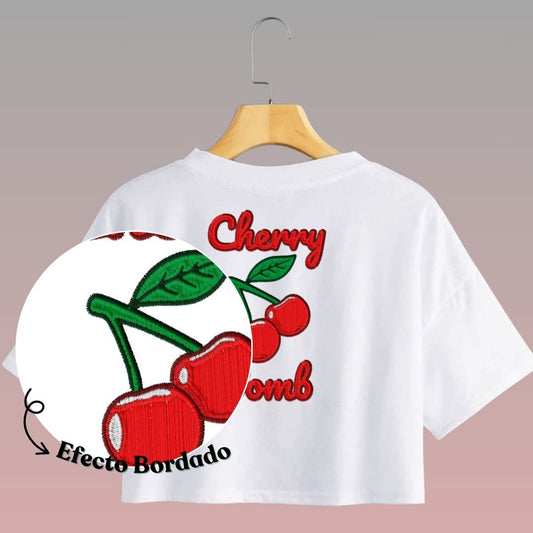 Crop Top Cherry Bomb Manga Corta Estilo Bordado / Blanco