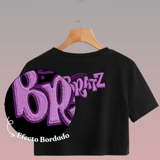 Crop Top Manga Corta Bratz Estilo Bordado / Negro