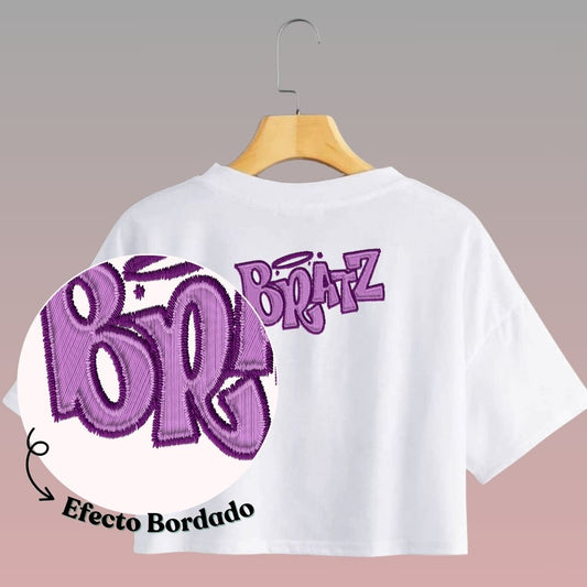 Crop Top Manga Corta Bratz Estilo Bordado/Blanco