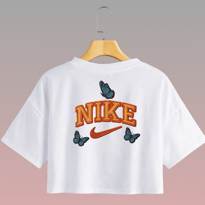 Crop Top Nike Manga Corta de Mariposas Azules Estilo Bordado / Blanco